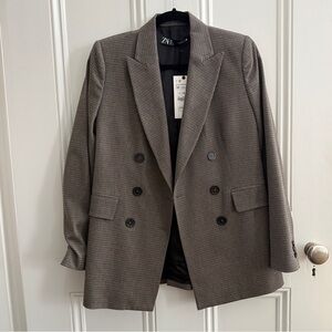 Zara Gray Checkered Double Breasted Blazer with Gathered Sleeves - Medium NWT
